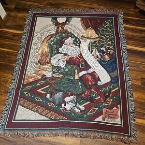 Manual Woodworks Weavers Tapestry Woven Christmas Santa Husky Throw Blanket